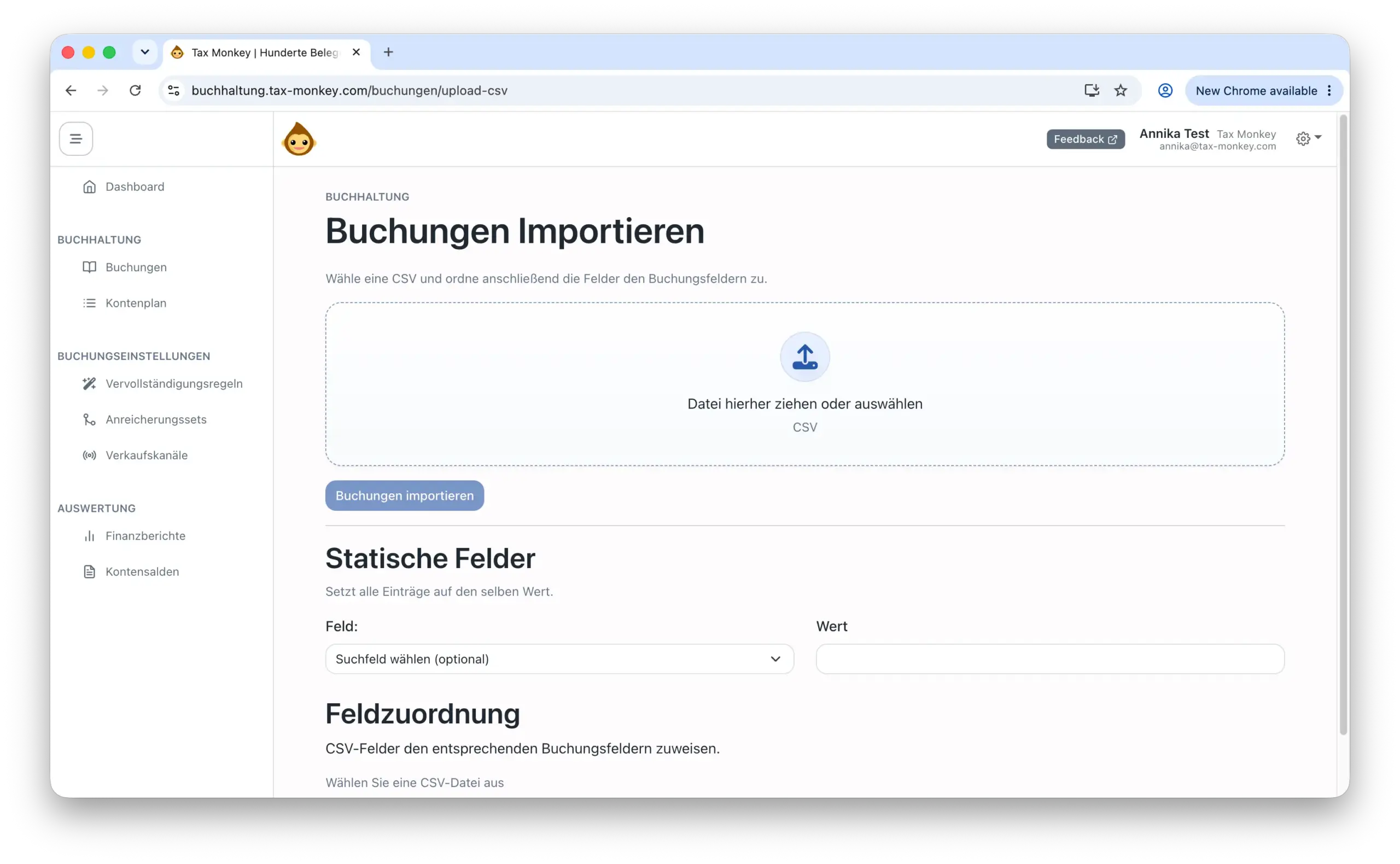 Buchungen per Massenupload in Tax Monkey importieren